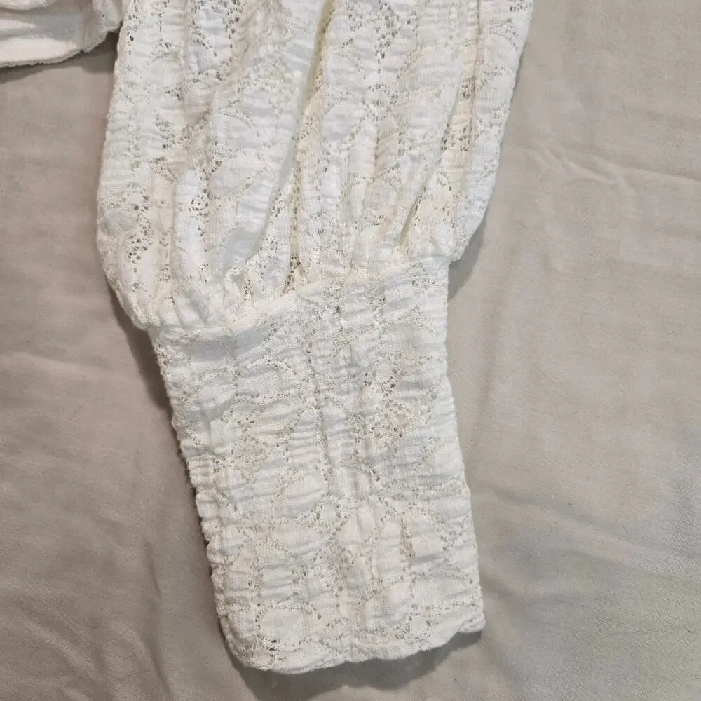 Free People Jasmine Tea Time Long Puff Lace Sleeve Top Open Back Sz S Romantic